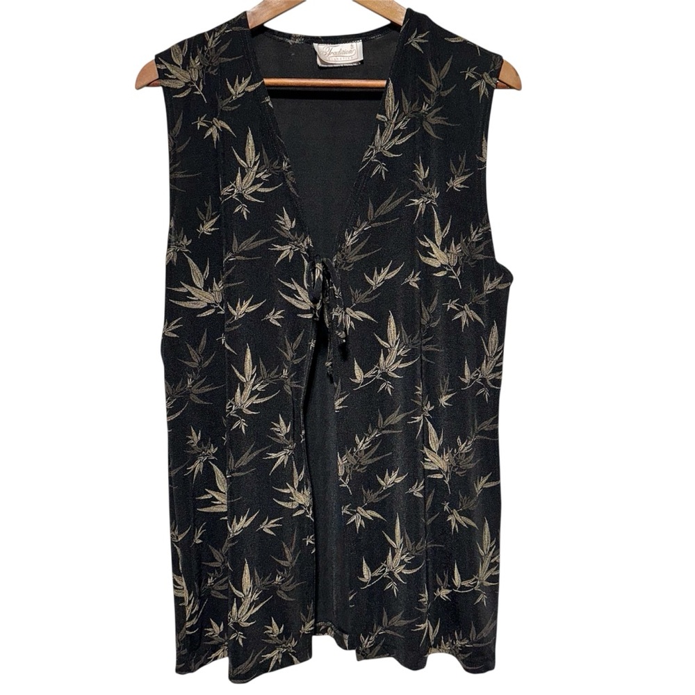 Sheer Bamboo Botanical Print Tie Front Vest Boho Artsy Layering Top Medium